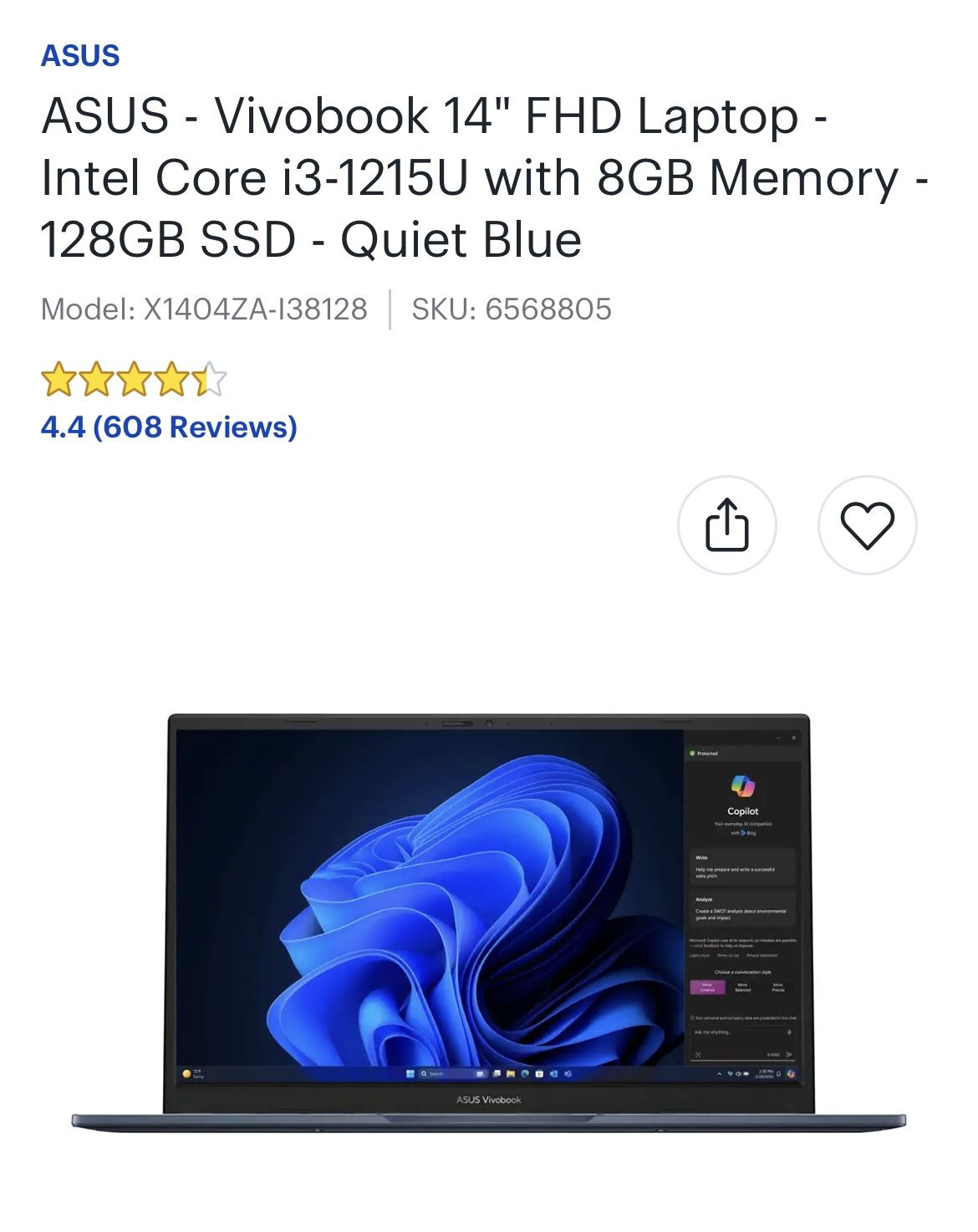 ASUS - Vivobook 14" FHD Laptop - Intel Core 13-1215U with 8GB Memory - 128GB SSD - Quiet Blue