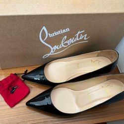 Christian Loubotin Women Heel Pumps Pantent Leather Black Size 7
