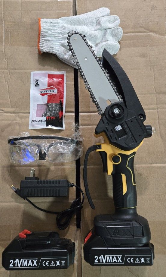 Mini Electric Chainsaw 6" With 2 Batteries 21v & 2 Chains, brand new