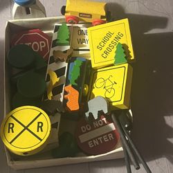 Vintage Wooden Traffic Signs & BRIO Toy Set – Montessori Educational
