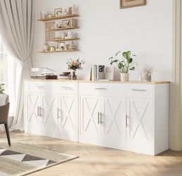 Set of 2, 42" Buffet Cabinet with Storage, Kitchen Barn Door Cabinet Modern Farmhouse Sideboard with 3 Doors, Wood Coffee Bar Cabinets with Adjustable