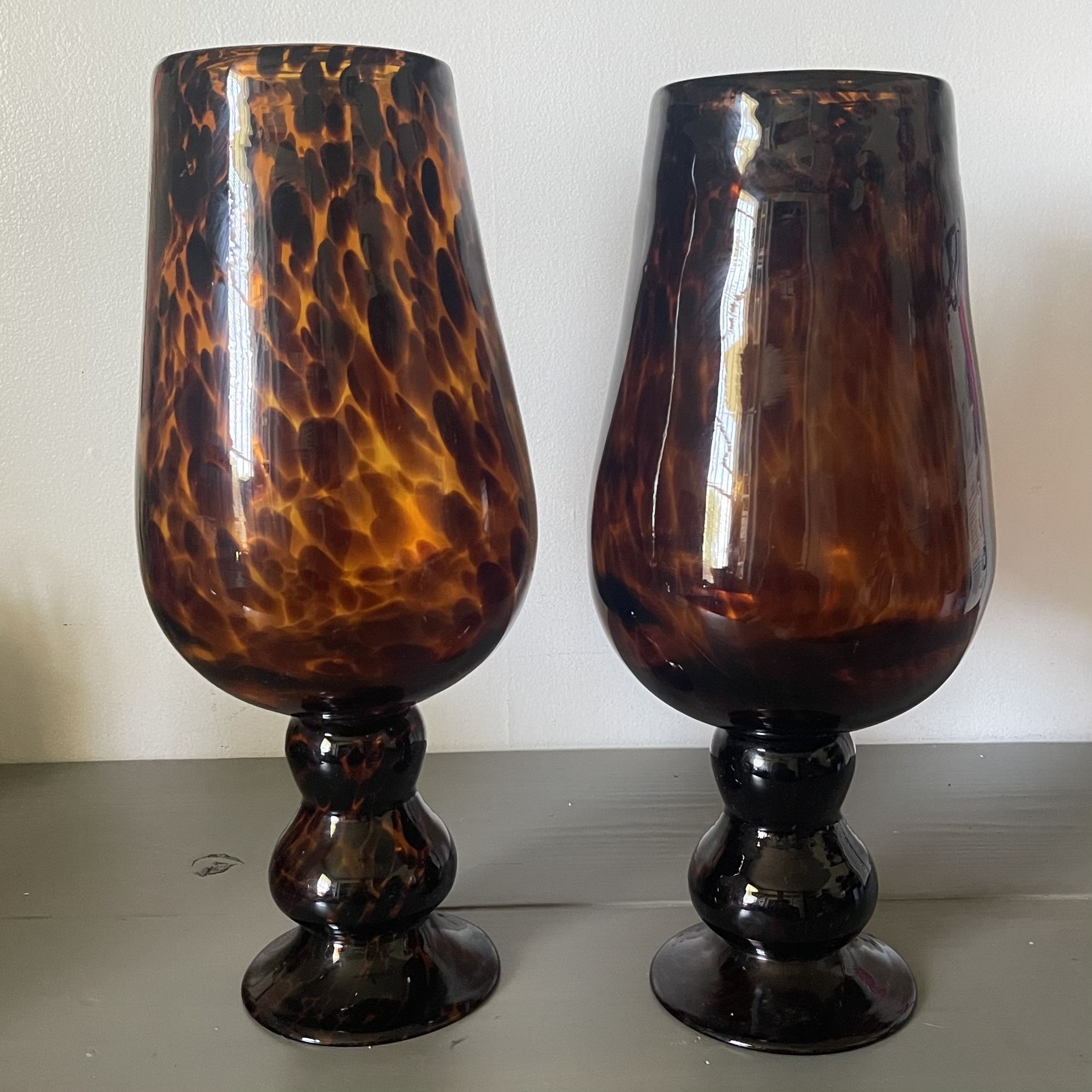 Set Of 2 Vintage Tortoise Hand Blown Glass Pedestal Vase 17” Tall