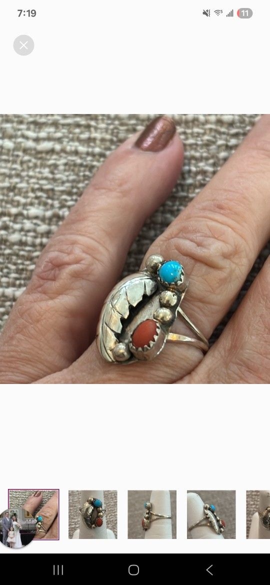 Sterling Silver Hand Made FeatherTurquoise And Coral Ring