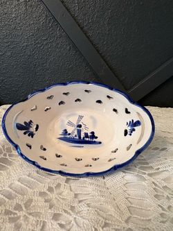 Delft Blue Ceramic Reticulated Oval Bowl