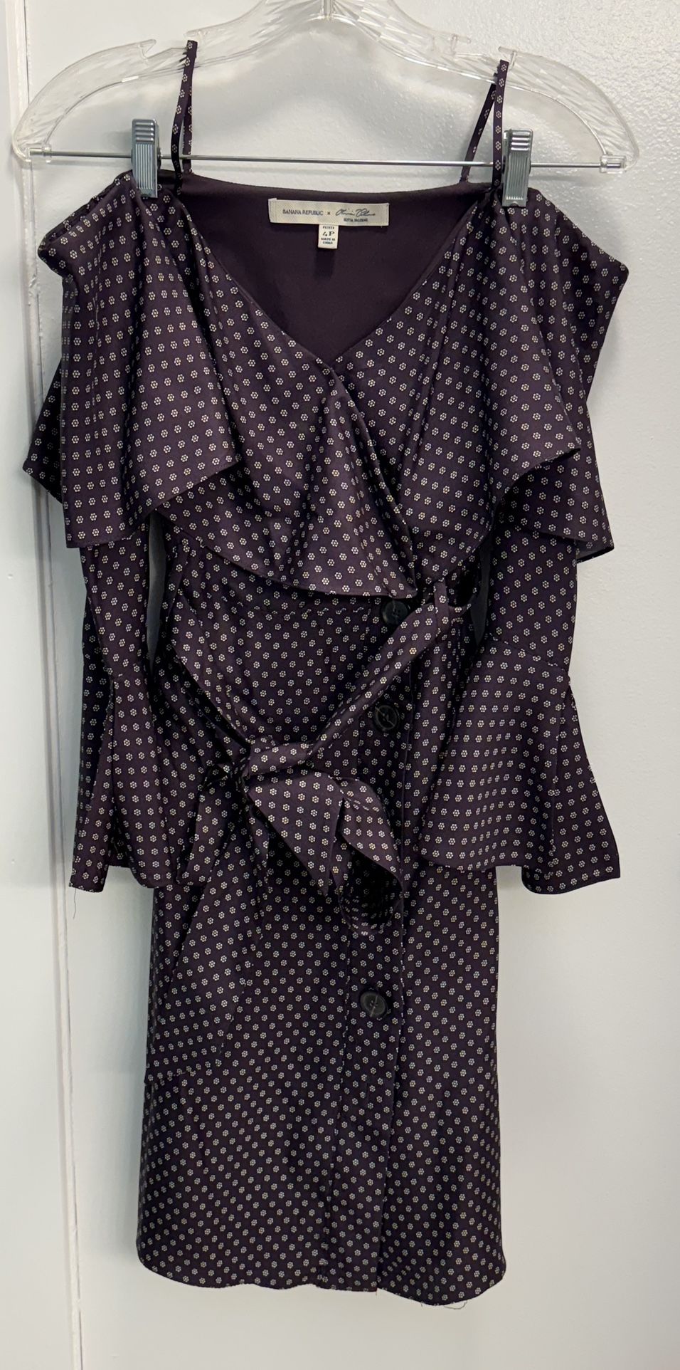 Banana Republic x Olivia Palermo silk ruffled off-the-shoulder polka dot dress.