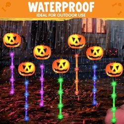  10 luces solares de Halloween para caminos de
calabaza, decoración al aire libre, calabaza Jack 0
Lantern con 5 colores de estacas iluminadas para
ce