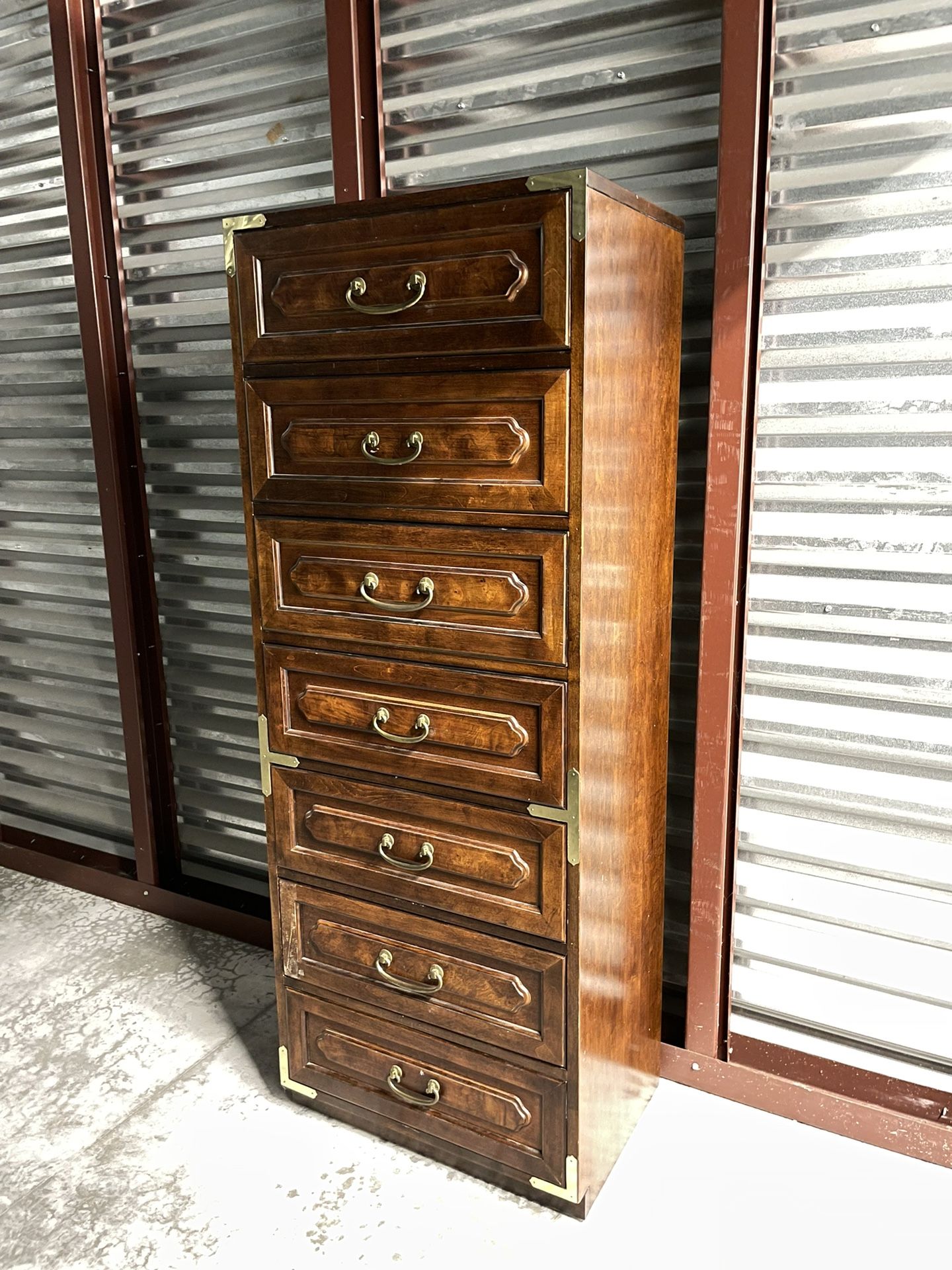 Vintage Bernhardt Campaign Dresser 7 Drawers. Wood With Brass Drawer Handles