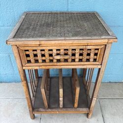 Bamboo Rattan Wicker Nightstand End Side Table with Magazine Rack & Drawer