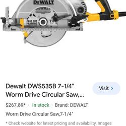DEWALT
Dewalt DWS535B 7-1/4" Worm Drive Circular Saw, 4800 No Load RPM, 15.0 Amps, 