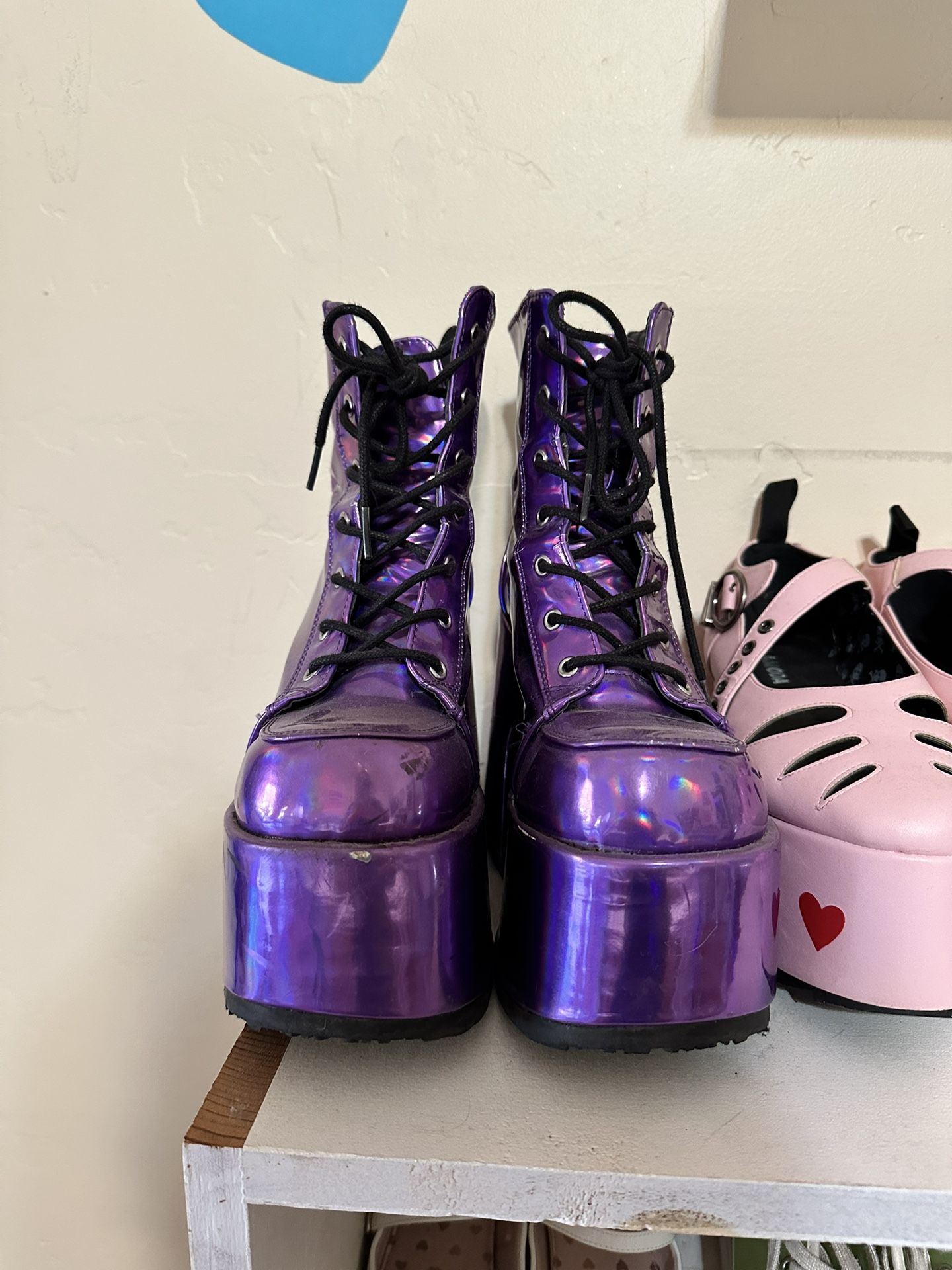 Demonia Camel-203 purple holographic platform boots