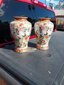 Vintage Chinoiserie Crane Floral Ceramic Vase, Home Decor