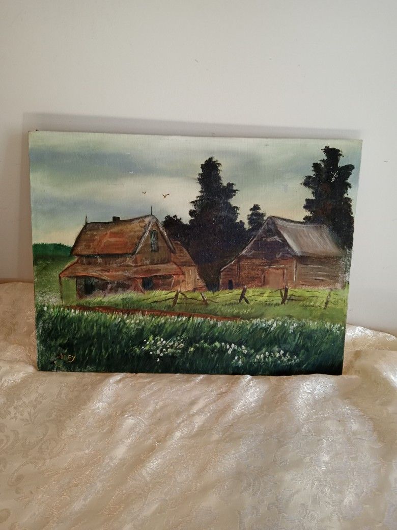 VINTAGE OIL PAINTING ON CANVAS SIGNED UNFRAMED 16" X 12" PRE-OWNED CONDITION $45.00