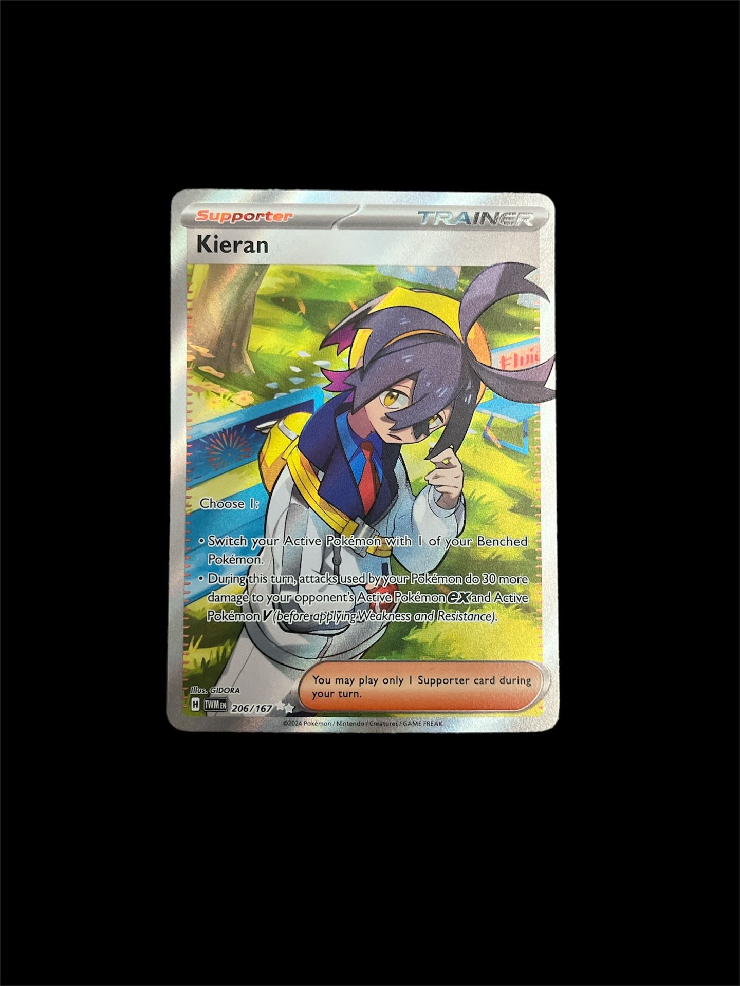 Kieran 2024 trainer card Scarlett and Violet - Twighlight Masquerade 206/167 secret rare