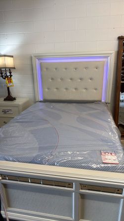 Queen Bed Frame with LED Tufted Headboard