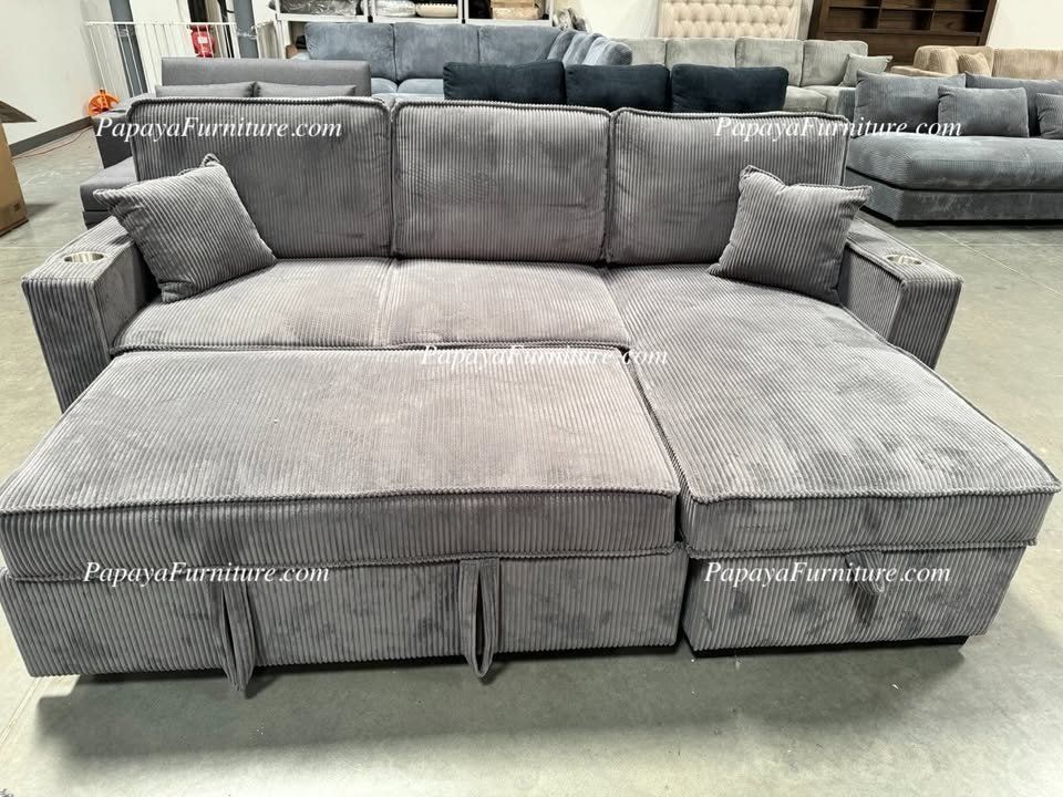 NEW Sectional Sofa and STORAGE Chaise Set Pullout Sleeper Bed Pull out Convertible Dark Grey Fabric Adjustable Discount Furniture Warehouse BIG SALE