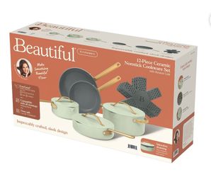 Beautiful 12-Piece Evergood Non-Toxic Ceramic Nonstick Coating Cookware Set, Pots and Pans with Strainer Lids, Sage Green by Drew Barrymore