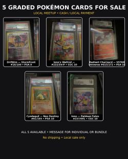 5 Graded Pokémon Cards – PSA 10 / CGC 10 – Charizard, Cyndaquil & Iono