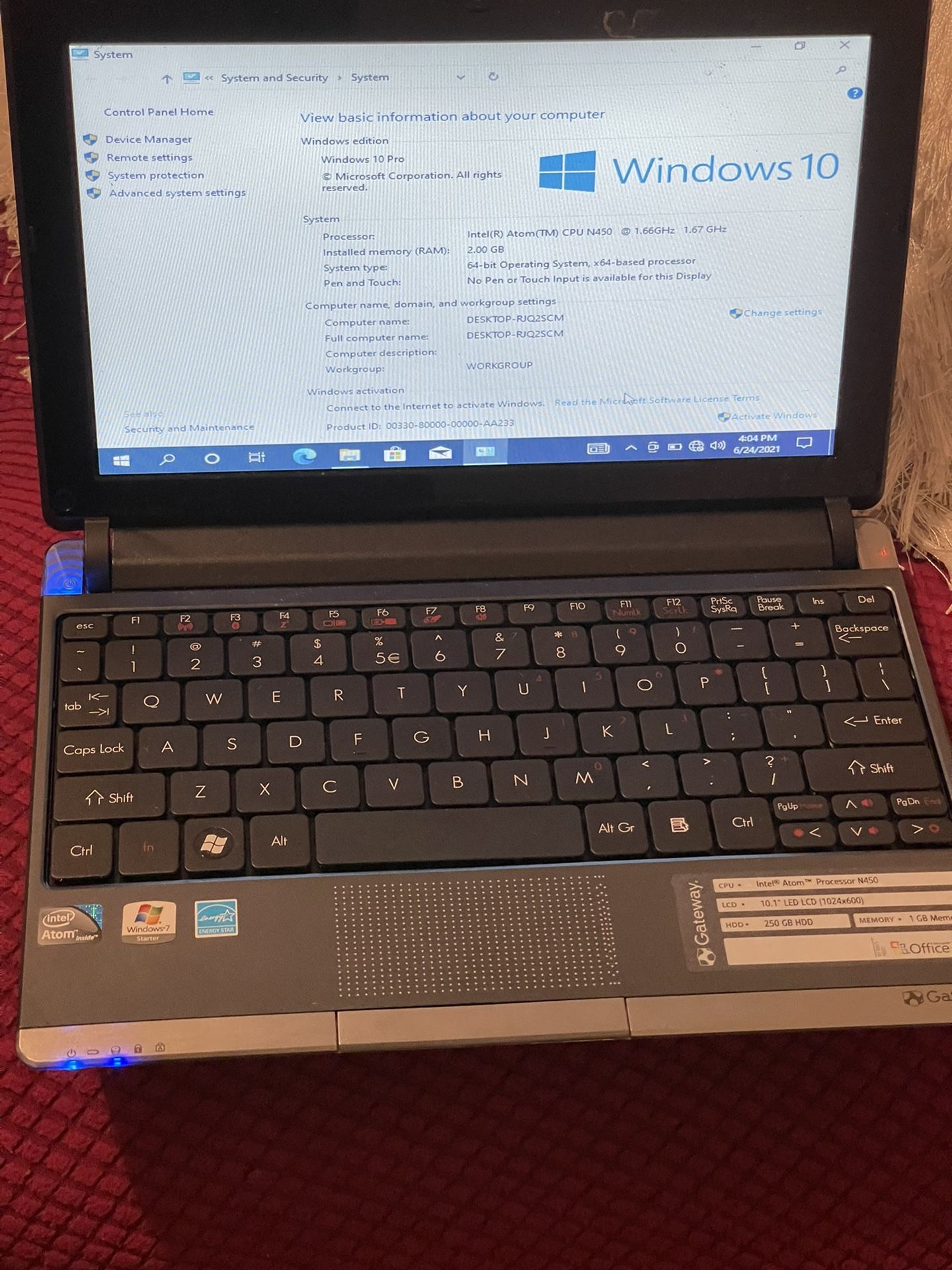 Gateway Mini Laptop 11” 2gb Ram 250gb Hdd Windows 10