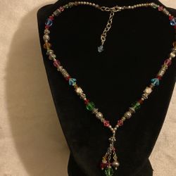 Silver Solid Necklace With Multi Colored Crystal And Dangling Pendant W/crystals 