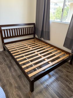 Queen dark wood platform bed frame + queen mattress