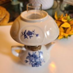 Vintage Small Porcelain Oil Lamp Blue Rose Floral Design Home Décor Japan
