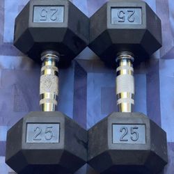 PAIR  OF  RUBBER  25  LB.  HEX  DUMBBELLS 
