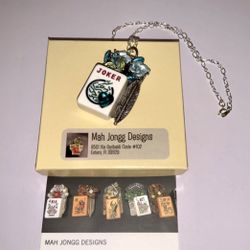 Mahjong “JOKER” Tile Pendant Necklace – Teal Flowers, Feather, Silver-Tone W/Box