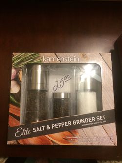Kamenstein elite salt and pepper grinder set NIB w peppercorn refill jar