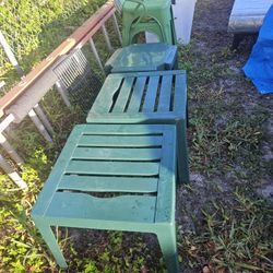 2 METAL GREEN CHAIRS $15 EACH 3 PLASTIC TABLES $5 EACH