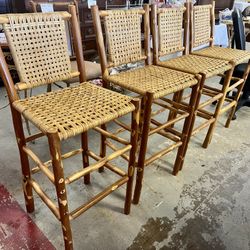 4 Bar Stools / Counter Chairs / Rattan And Bamboo / Wood