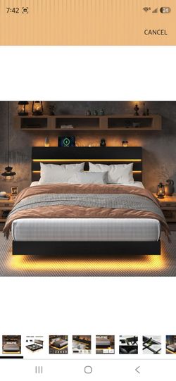 Feonase Floating Bed Frame King with Led Lights and Charging Station, Wood King Size Bed Frame with Storage Headboard, Heavy Duty Metal Slats, No Box