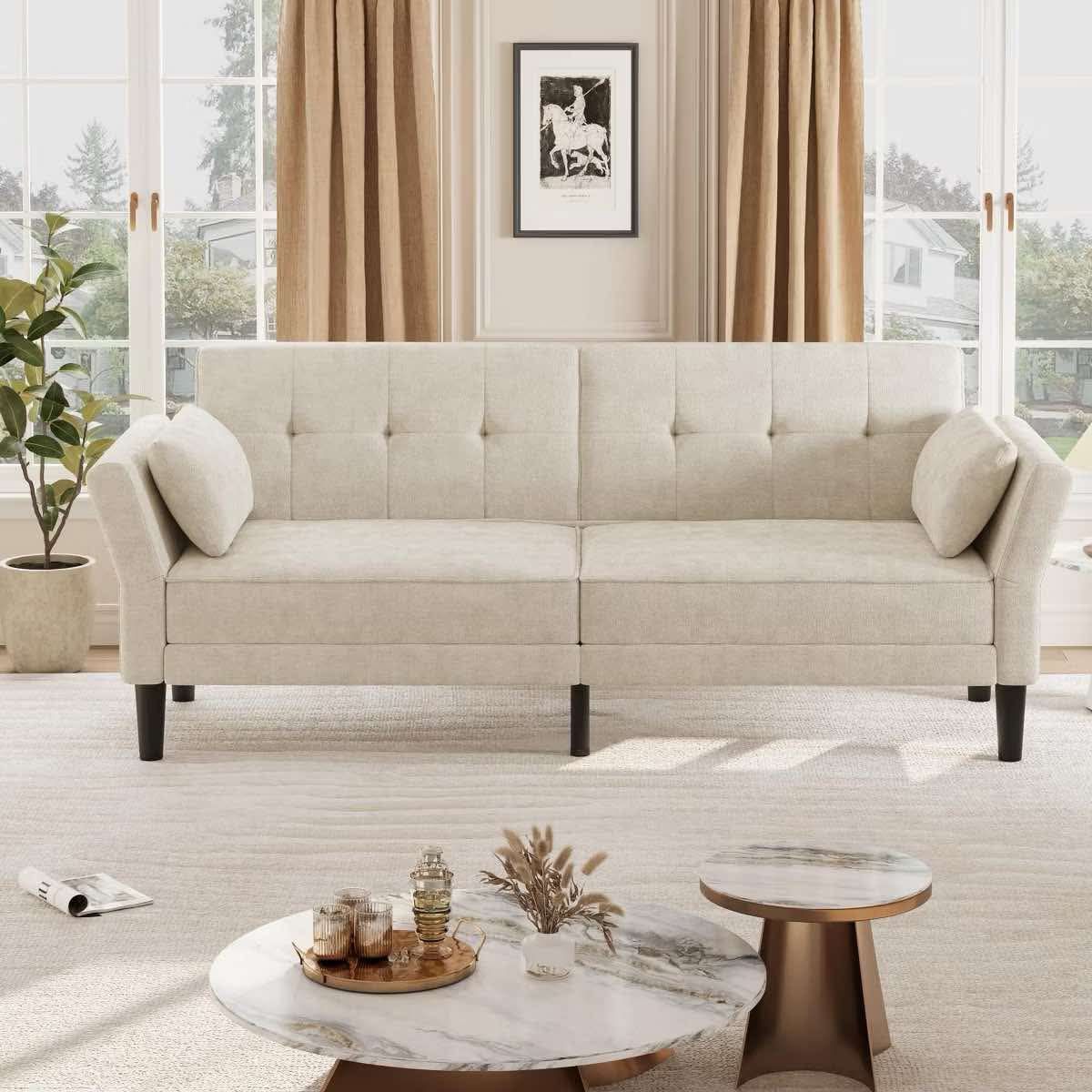 89" Futon Sofa Bed, Modern Sleeper Sofa with Adjustable Backrest & Armrest, Convertible Futon Couch Bed with 2 Pillows