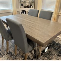 Dining Room (grey Brown) Table With 4 Blue Upolstered Chairs 