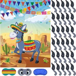 Pin The Tail On The Donkey - Póster de juegos de fiesta de burro mexicano con 30 calcomanías de cola para niños, cumpleaños, fiesta mexicana, 