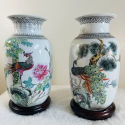 1970 Chinese Porcelain Zhongguo Jingdezhen Zhi Vase Peacock Flowers & Poem Decoration