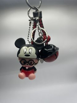 Character Keychain with Bells, Mickey Mouse Design, Black and Red