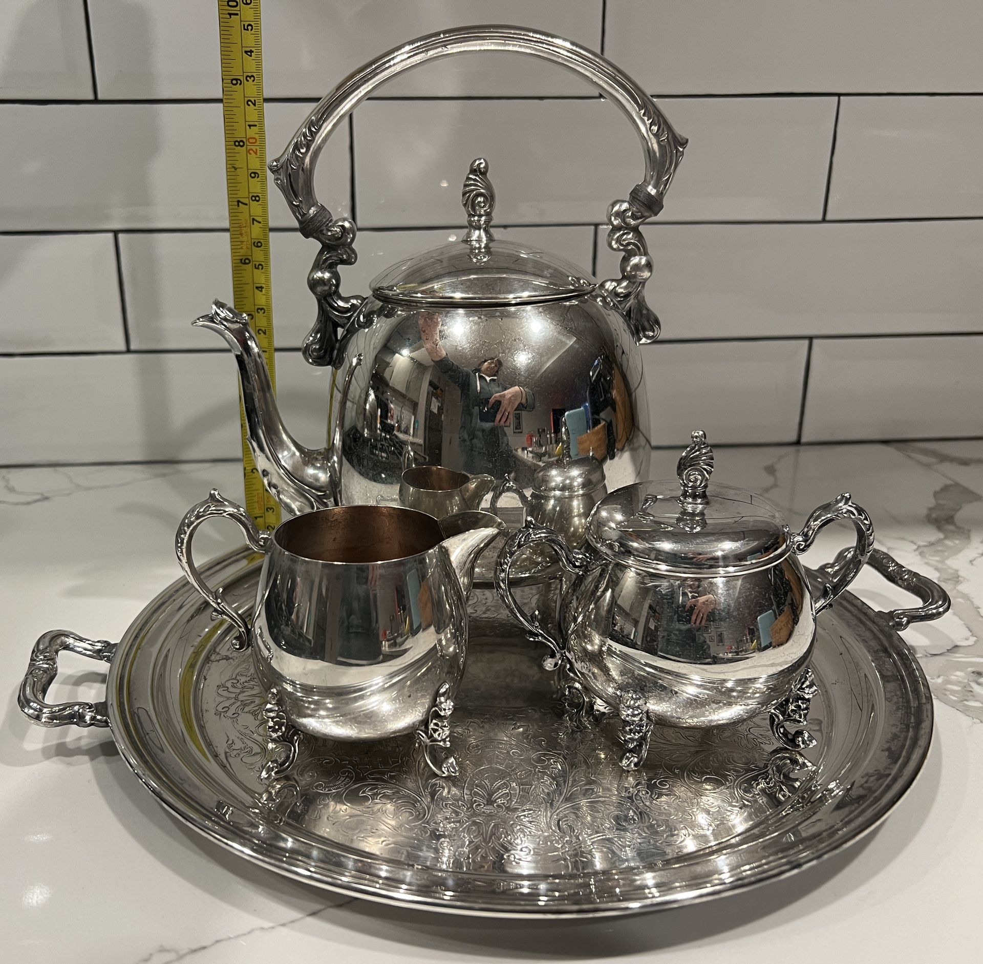 FULL SET SHERIDAN SILVER ON COPPER PLATE TEAPOT SUGAR CREAMER TRAY