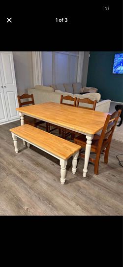 Farmhouse wooden dining table homeschool craft organization bench chairs white brown black