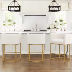 4x Beige Color 27” With Gold Legs Fabric Barstools 