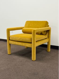 Sunny Yellow Velvet Lounge Chair with Cylindrical Pillow