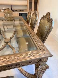 Ornate Traditional Glass Top Dining Table with 8 Matching Carved Chairs – Luxury Formal Dining Set