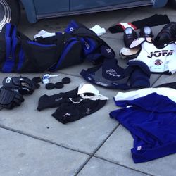 Ice Hockey Equipment Helmet Mask Gloves Jerseys Elbow And Shin Guard Pads Chest Protectors Padded Pants Jock Strap & Holder Pucks $175 OBO