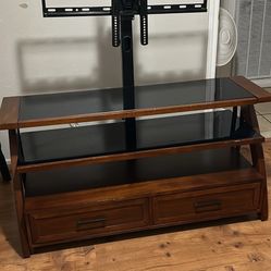 Cherry 56” TV Stand With Mount, Glass Shelves And 2 Drawers