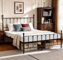 King Size Metal Bed Frame with Headboard & Footboard, Vintage Wrought‑Iron Platform Bed, 12 Inch Under‑Bed Storage, Heavy‑Duty Steel Slats, No Box Spr