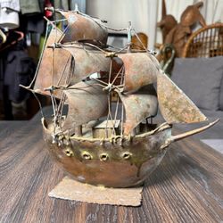 Vintage Sailing Ship Sculpture Brutalist Nautical Decor