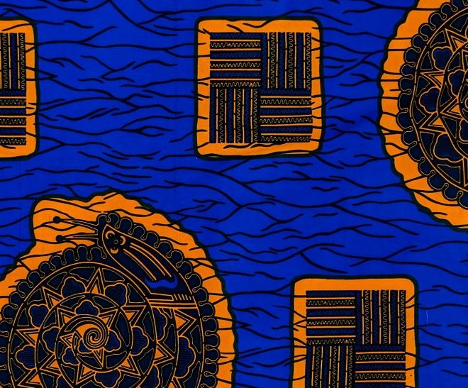 African Fabric 1 Yard Cotton Wax Ankara Print BLUE ORANGE Abstract