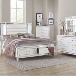 Tamsin White LED Upholstered Storage Platform Bedroom Set ( Queen, king, twin, full bedroom set - bed frame- tall dresser, nightstand and chest, mattr