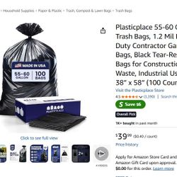 Plasticplace 55-60 Gallon Trash Bags, 1.2 Mil Heavy Duty Contractor Garbage Bags, Black Tear-Resistant Bags for Construction, Yard Waste, Industrial U