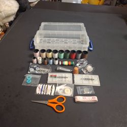 Sewing Kit-Needles, Tread, Scissors, Tape Measure, Stapler, Scotch Tape, Buttons, Thimble & Plastic Carrying Case