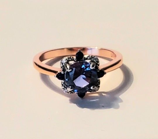 Created London Blue Topaz Rose Gold Ring In Sterling Silver Size 8